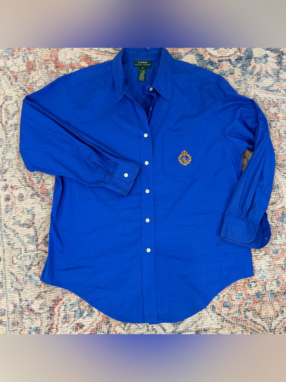 Lauren Ralph Lauren Shirt 16 Royal Blue Cotton Crest Button Down Gold Logo Plus - Picture 4 of 8